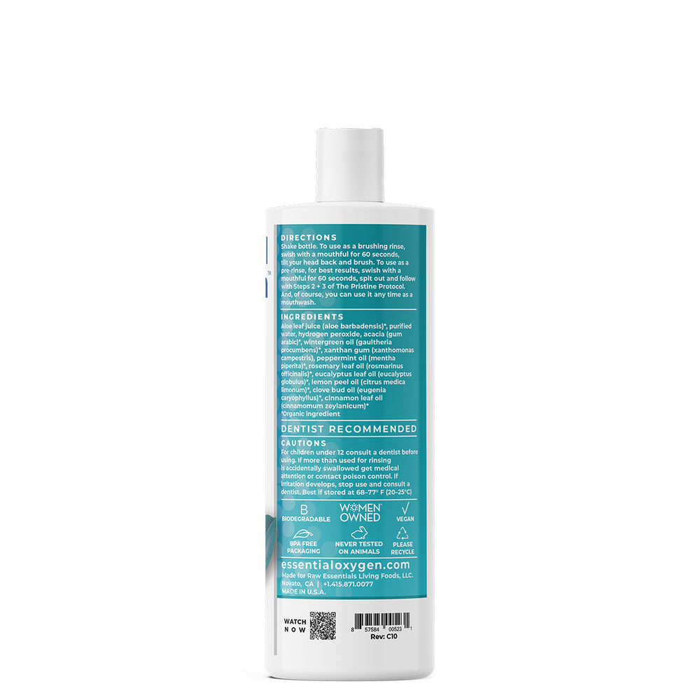 Enjuague bucal Essential Oxygen de 16 oz que promueve un aliento fresco y la salud bucal.