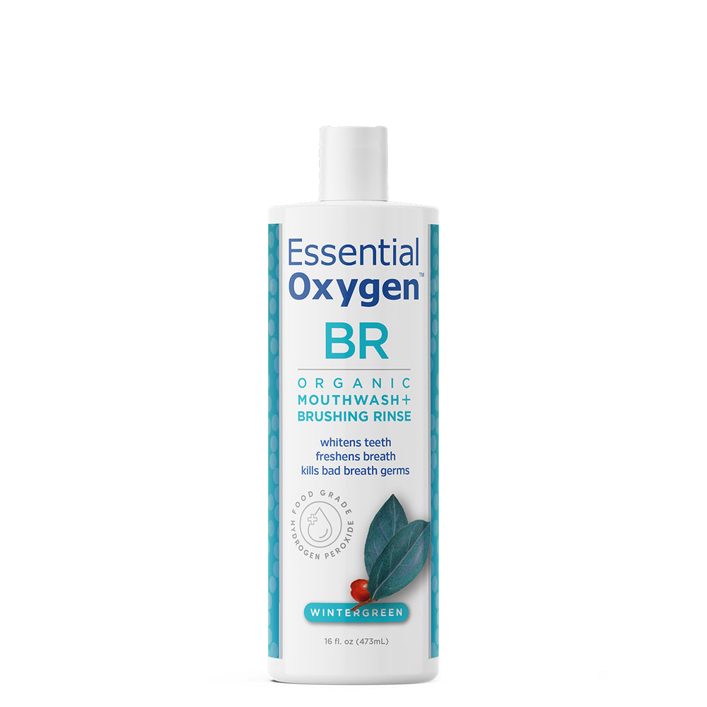 Enjuague bucal Essential Oxygen de 16 oz que promueve un aliento fresco y la salud bucal.