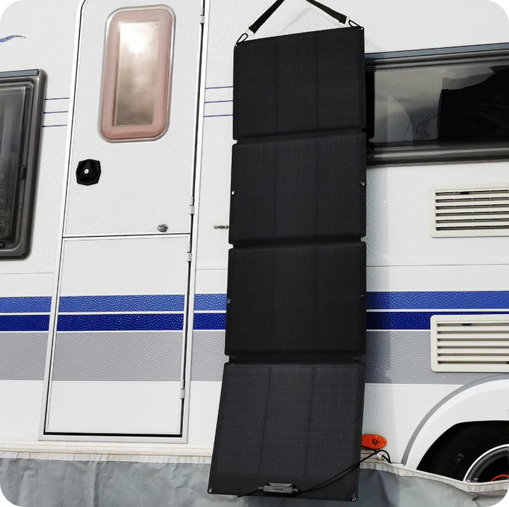 EcoFlow DELTA 2 Portable Power Station 1024Wh + One 110W Solar Panel mounted on an RV for easy charging.