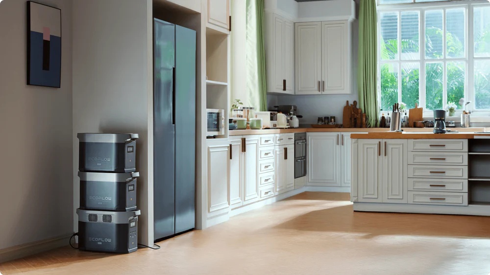 EcoFlow DELTA 2 Max+DELTA 2 Max Smart Extra Battery High Capacity Portable Power in a modern kitchen.