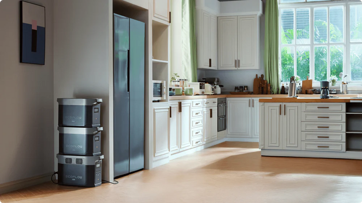 EcoFlow DELTA 2 Max+DELTA 2 Max Smart Extra Battery High Capacity Portable Power in a modern kitchen.