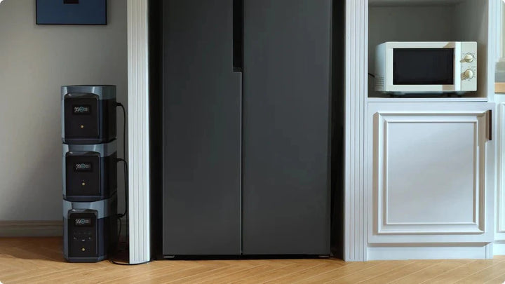 EcoFlow DELTA 2 Max+DELTA 2 Max Smart Extra Battery High Capacity Portable Power next to a kitchen refrigerator.