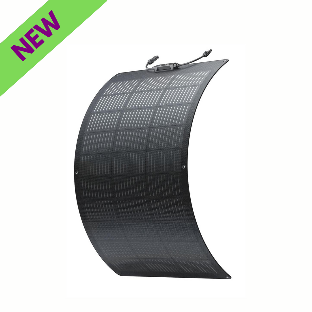 EcoFlow 100W Flexible Solar Panel High Efficiency Waterproof Solar Modules on display with a 'NEW' banner.