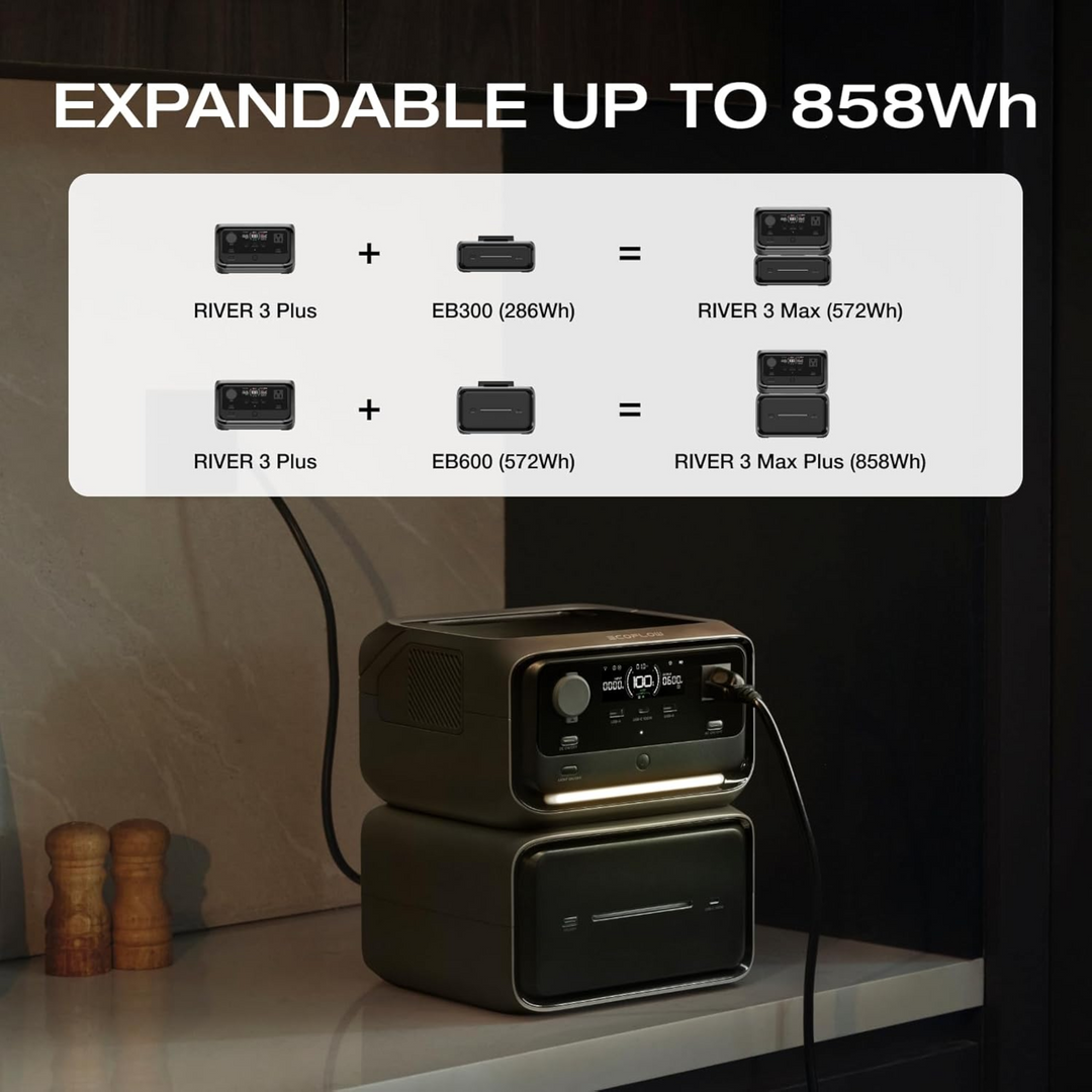 EcoFlow River 3 Plus Portable Power Station + River 3 Plus Battery 572 Wh expandable up to 858Wh with EB300 and EB600.