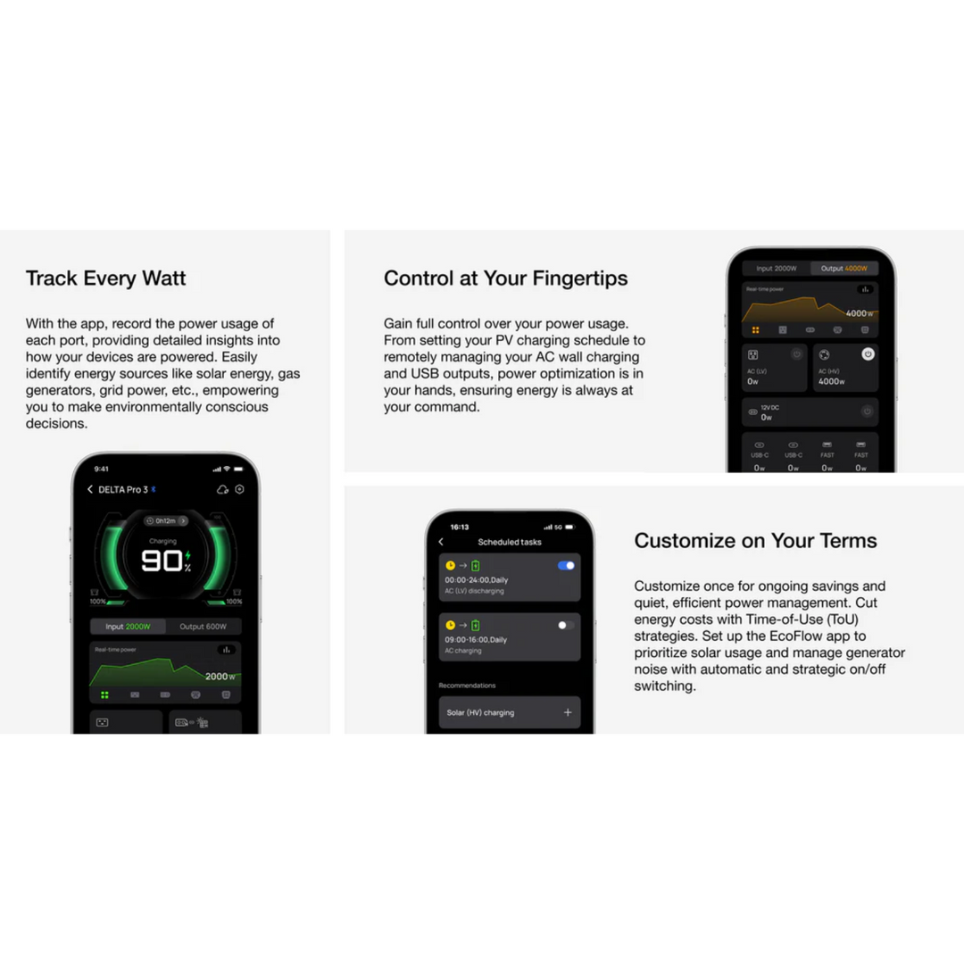 EcoFlow DELTA Pro 3 Portable Power Station + Smart Home Panel 2 app interface displaying power management features.