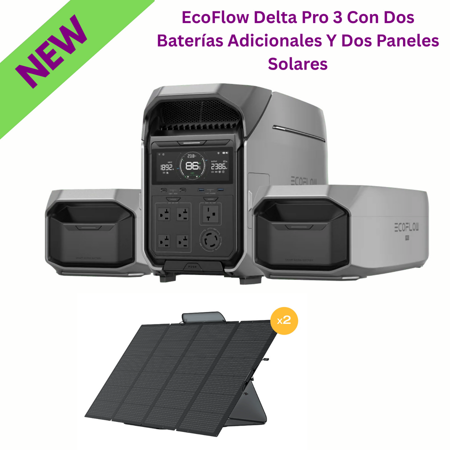 EcoFlow Delta Pro 3 Con Dos Baterías Inteligentes Y Dos Paneles Solares, ideal para energía solar y transportable.