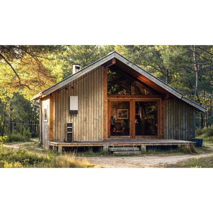 EcoFlow DELTA Pro 3 Power Station+ 2*Delta Pro 3 Smart Extra Battery LED Display at a cozy wooden cabin.