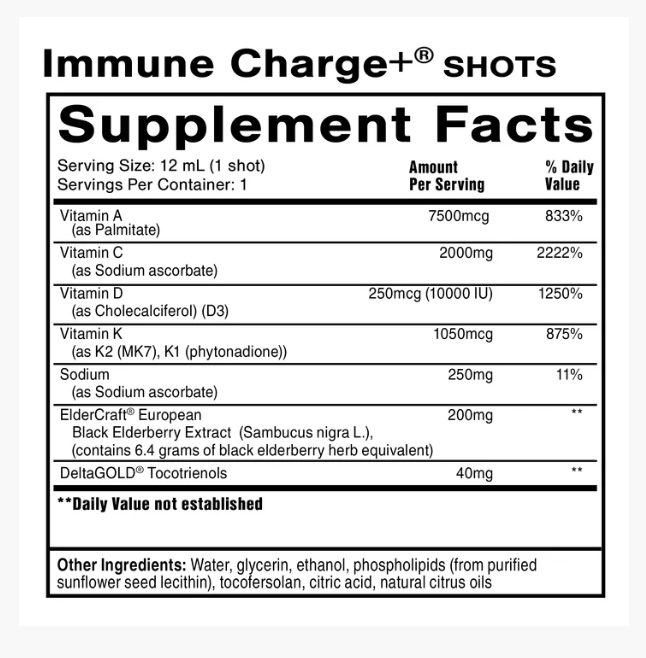 Quicksilver Scientific Immune Charge Shot Supplement Facts 12 Pack 12mL Bottles.