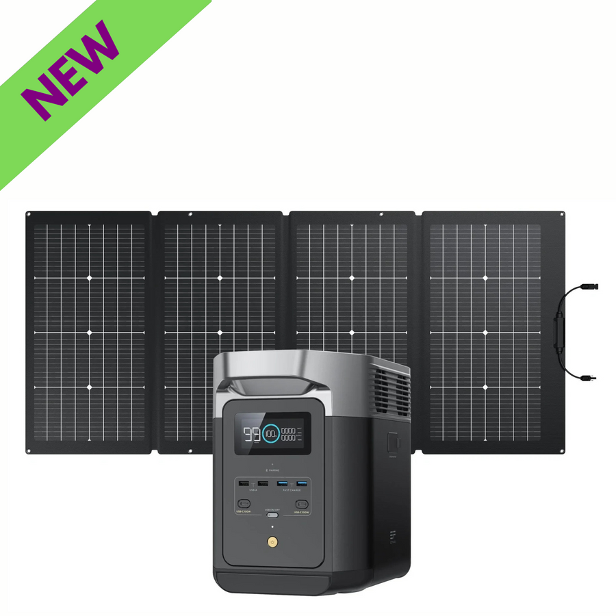 EcoFlow DELTA 2 Portable Power Station 1024Wh + One 220W Solar Panel with new tag and solar panels.