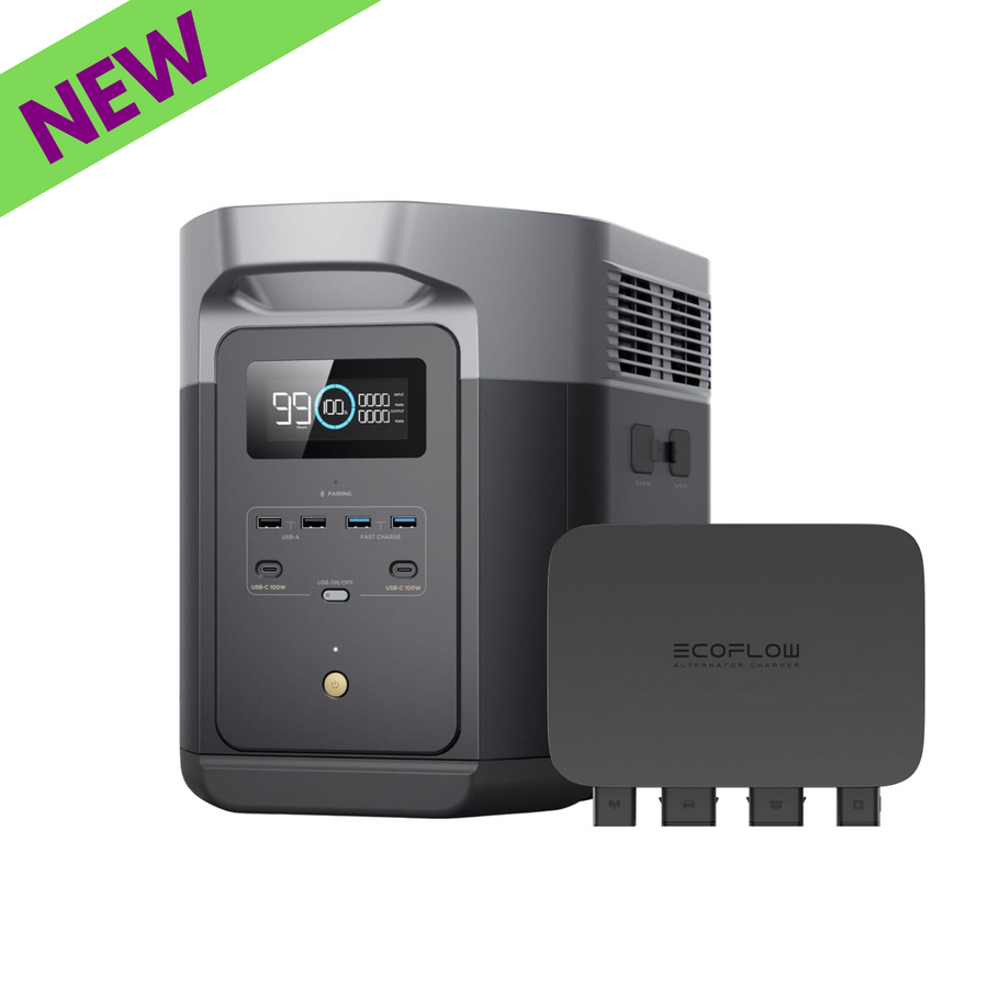 EcoFlow 800W Alternator Charger + DELTA 2 Portable Power Station 12 Volts with charging ports and display.