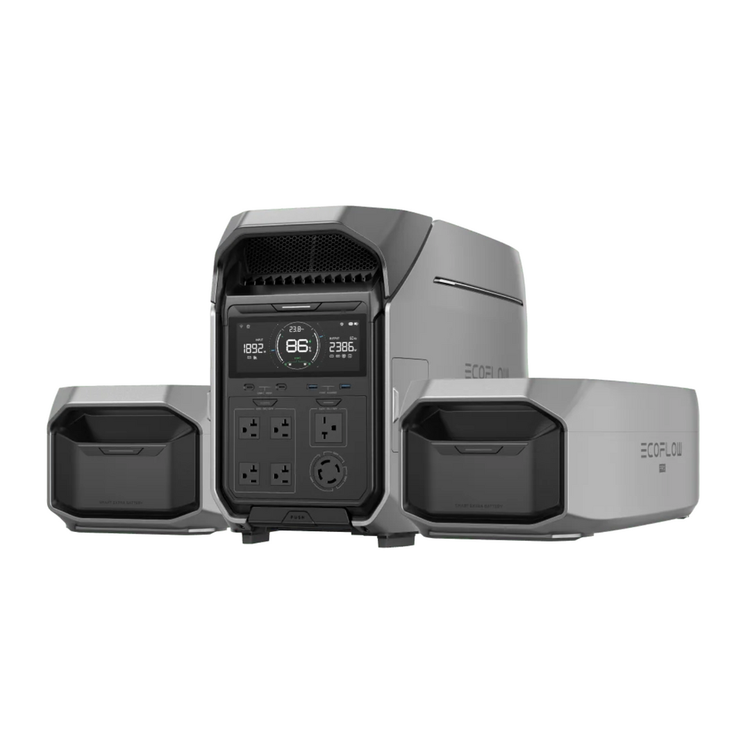 EcoFlow DELTA Pro 3 Power Station+ 2*Delta Pro 3 Smart Extra Battery LED Display for eco-friendly power solutions.