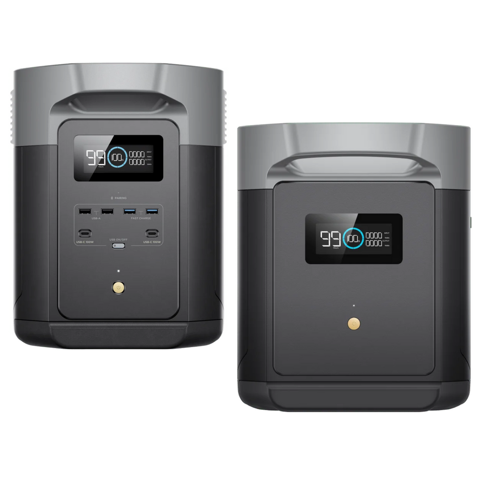 EcoFlow DELTA 2 Max+DELTA 2 Max Smart Extra Battery High Capacity Portable Power with digital display and multiple ports.