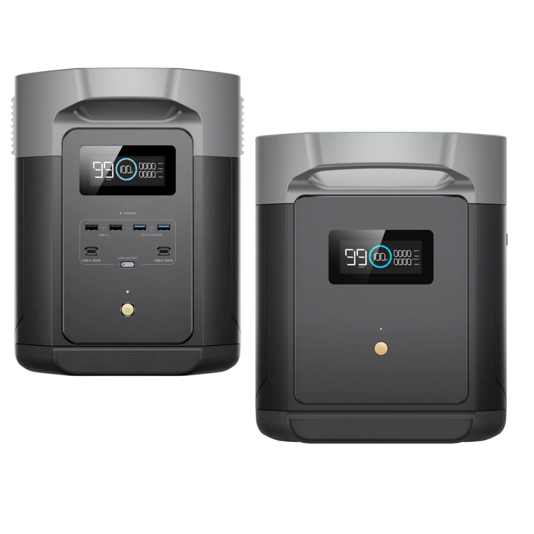 EcoFlow DELTA 2 Max+DELTA 2 Max Smart Extra Battery High Capacity Portable Power with digital display and multiple ports.