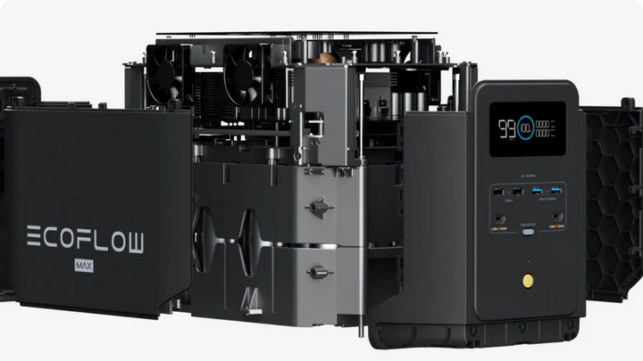EcoFlow DELTA 2 Max Portable Power Station showing internal components and display panel.