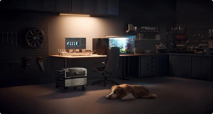 DELTA Pro Ultra Inverter + Qty 1 Battery + 400W Solar Panel + Smart Home Panel 2 in a cozy workspace with a dog.