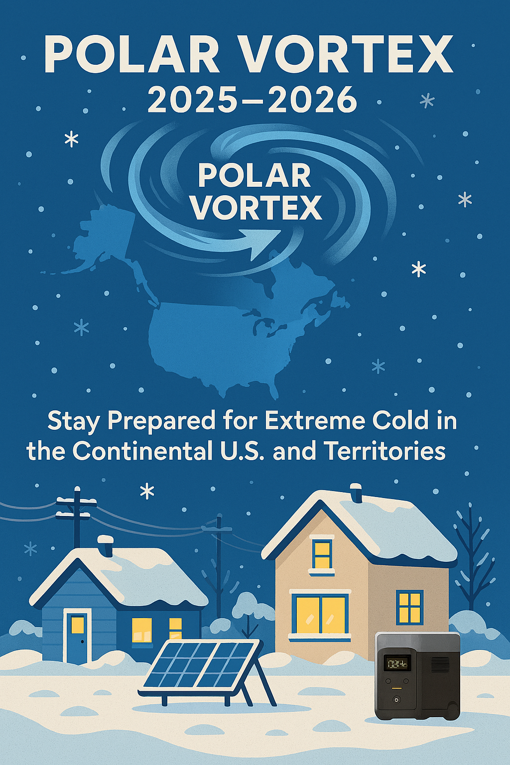 Illustration depicting a Polar Vortex 2025–2026 with snowy houses, urging preparedness for extreme cold.