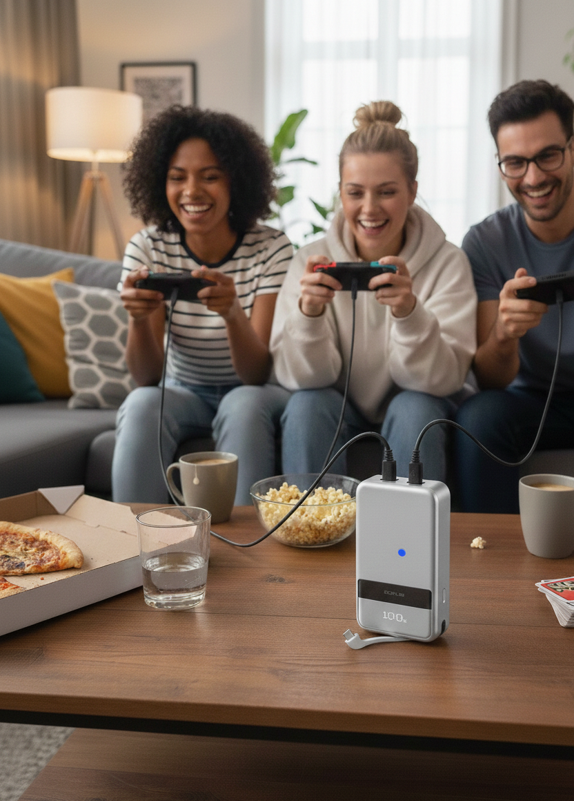 Friends enjoying gaming while using the Backpacking Power Guide for essential charging tips.