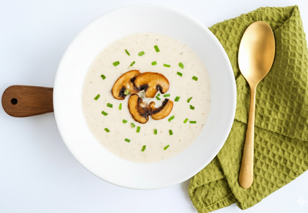 A bowl of Homemade Cream of Mushroom Soup topped with sautéed mushrooms and chives, served with a golden spoon.