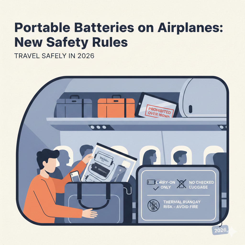 Illustration of new safety rules for Portable Batteries on Airplanes, showcasing luggage and safety regulations in 2026.