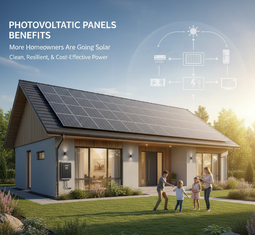 Photovoltaic Panels Benefits showcased on a modern home with family enjoying clean energy solutions.