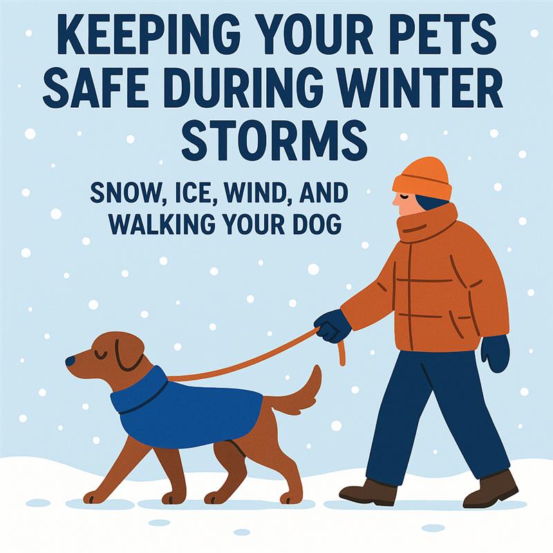 Keeping Your Pets Safe During Winter Storms: Snow, Ice, Wind, and Walking Your Dog with a pet.