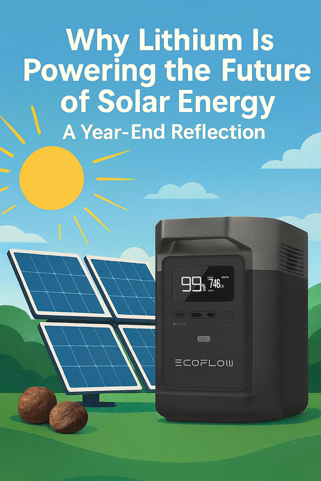 Lithium Is Powering the Future of Solar Energy with a solar panel and battery system in a scenic landscape.