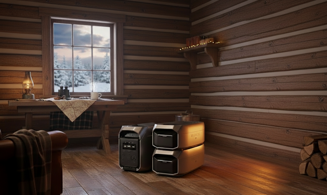 Cozy hunting cabin interior prepared for winter with power station, showcasing tips on How To Get Your Hunting Cabin Ready for Winter.