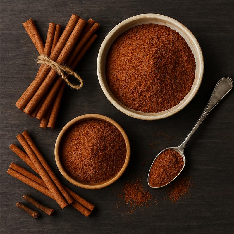 Beyond Bioavailability: cinnamon sticks and ground cinnamon in bowls on a wooden surface.