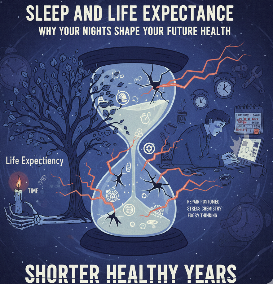 Illustration showing the relationship between Sleep and Life Expectancy, highlighting the impact of sleep on future health.
