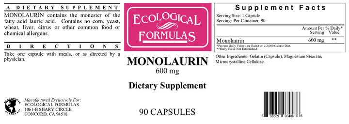Ecological Formulas Monolaurin 300 mg 90 Caps Immune Dietary Supplement