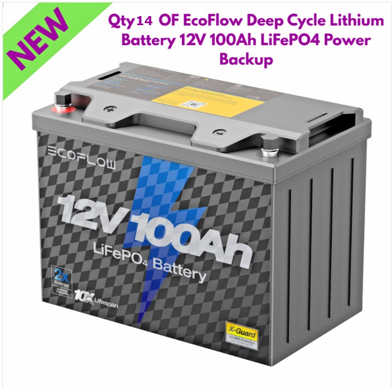 Qty 14 EcoFlow Lithium Battery Deep Cycle 12V 100Ah LiFePO4 Backup with power specifications and branding.