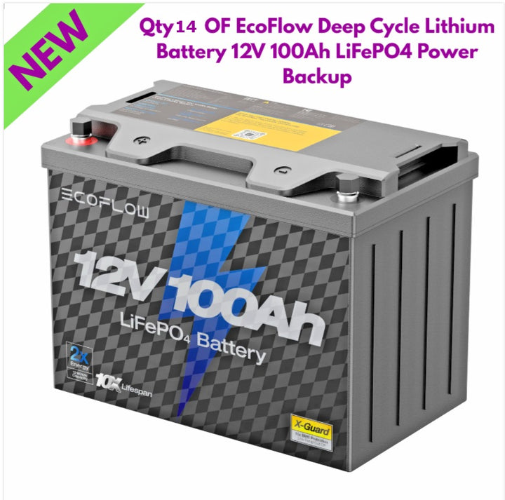 Qty 14 EcoFlow Lithium Battery Deep Cycle 12V 100Ah LiFePO4 Backup with power specifications and branding.