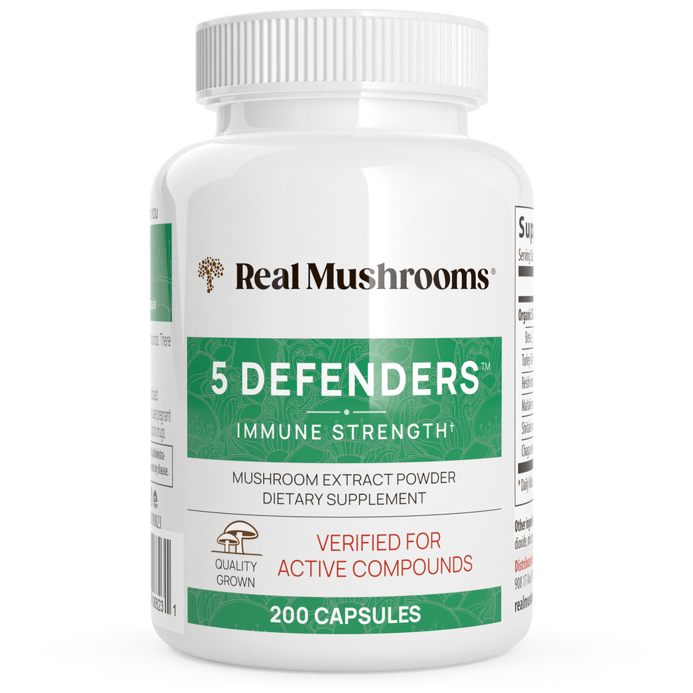 Mezcla de hongos 5-Defenders de Real Mushrooms, 200 cápsulas, suplemento para el sistema inmunitario