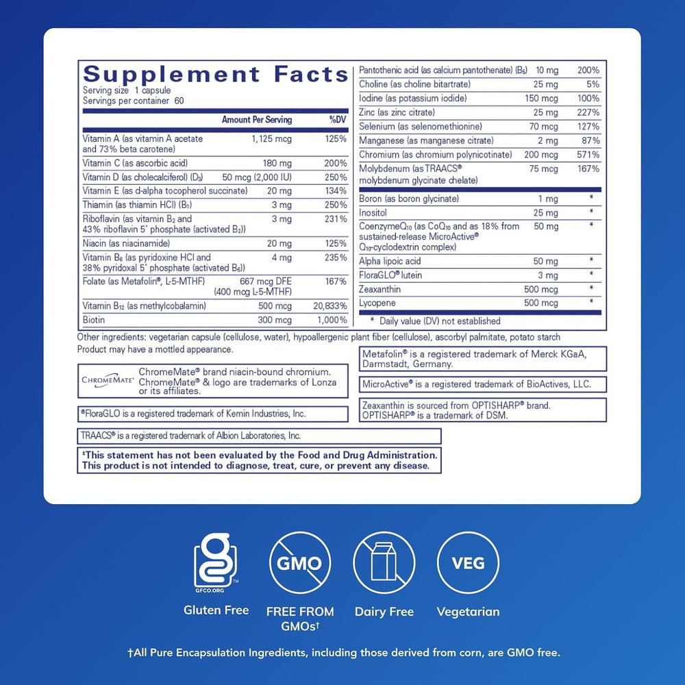 Pure Encapsulations ONE Multivitamin Vision Cognitive Support Supplement 60 Caps.