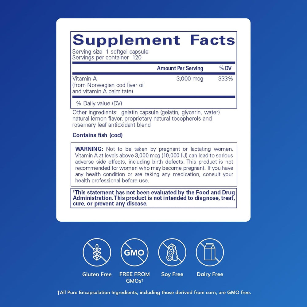Pure Encapsulations Vitamin A Cod Liver Oil Supplement 10,000 IU 120 Softgels.