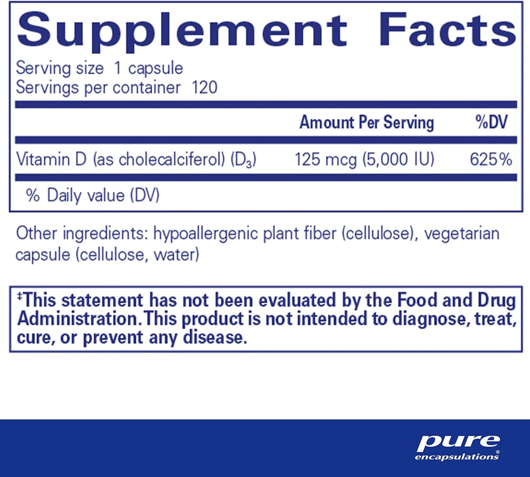 Pure Encapsulations Vitamin D3 5000 IU 125mcg Bone Immune Heart Support 120 Caps