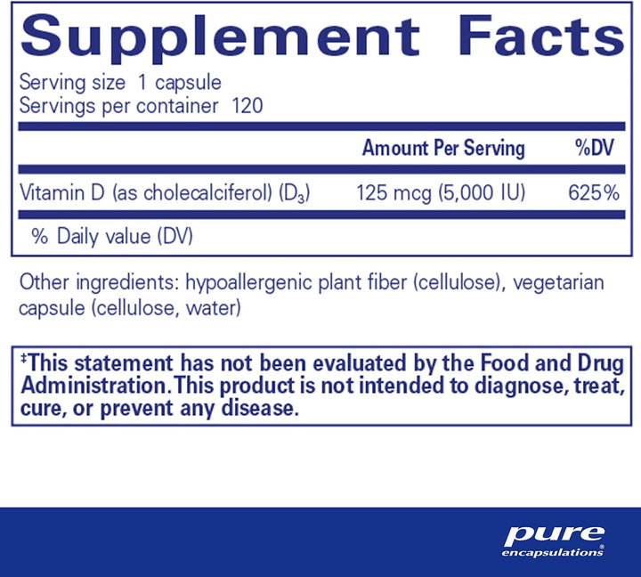 Pure Encapsulations Vitamin D3 5000 IU 125mcg Bone Immune Heart Support 120 Caps