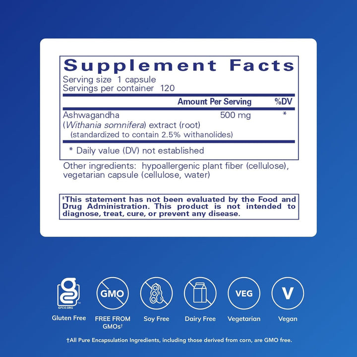 Pure Encapsulations Ashwagandha Extract Support Metabolism and Immunity 120 Caps