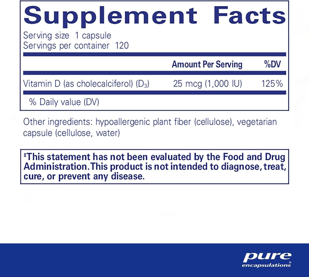 Pure Encapsulations Vitamin D3 1000 IU Bone Heart Immune Support 120 Capsules