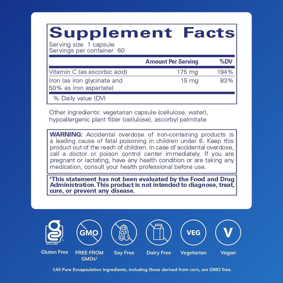 Pure Encapsulations Iron C Supports Energy Red Blood Cell Formation 60 Capsules