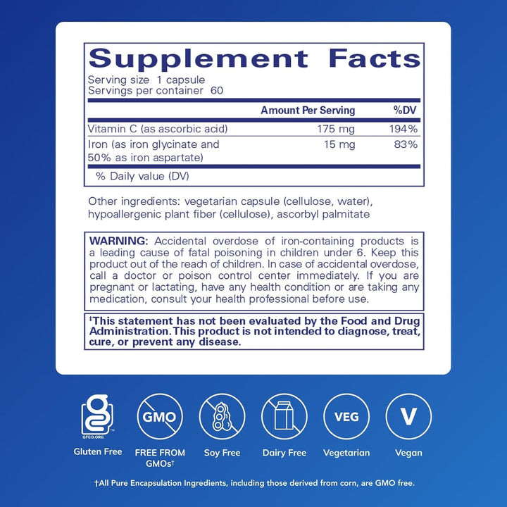 Pure Encapsulations Iron C Supports Energy Red Blood Cell Formation 60 Capsules