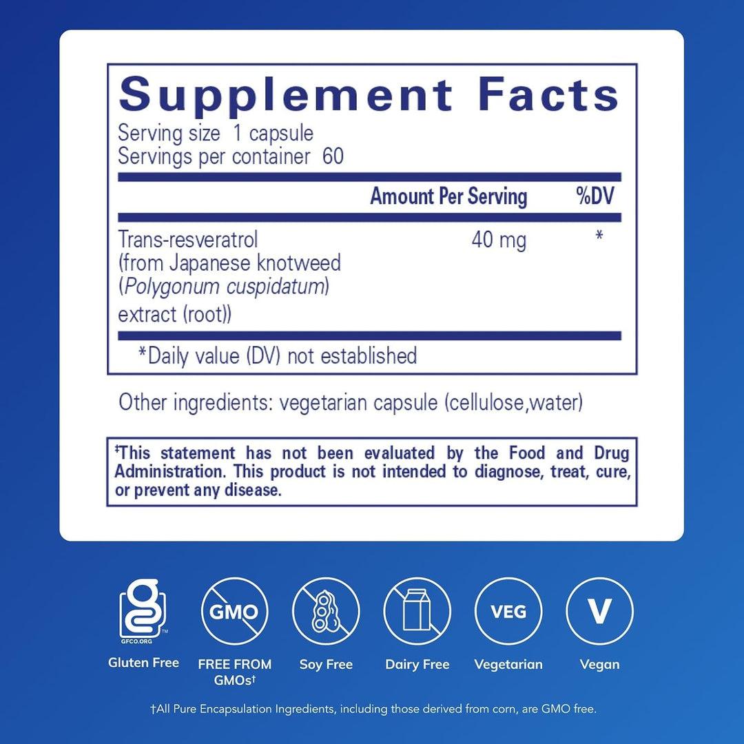 Pure Encapsulations Resveratrol 40mg Supports Heart Cell Health 60 Capsules