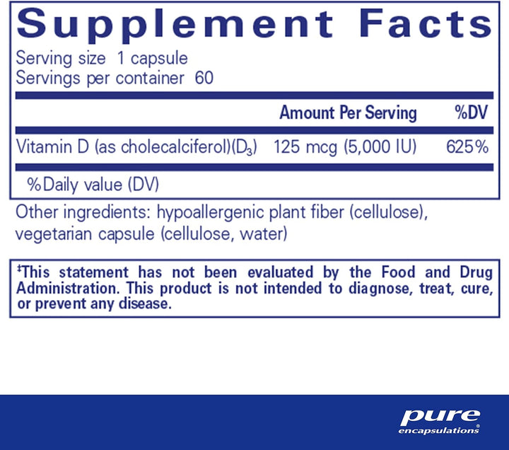 Pure Encapsulations Vitamin D3 5000 IU 125 mcg Bone Immune Heart Support 60 Caps