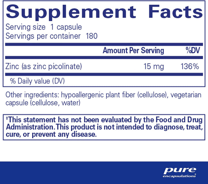 Pure Encapsulations Zinc 15 mg Supports Immune Function Picolinate 180 Capsules