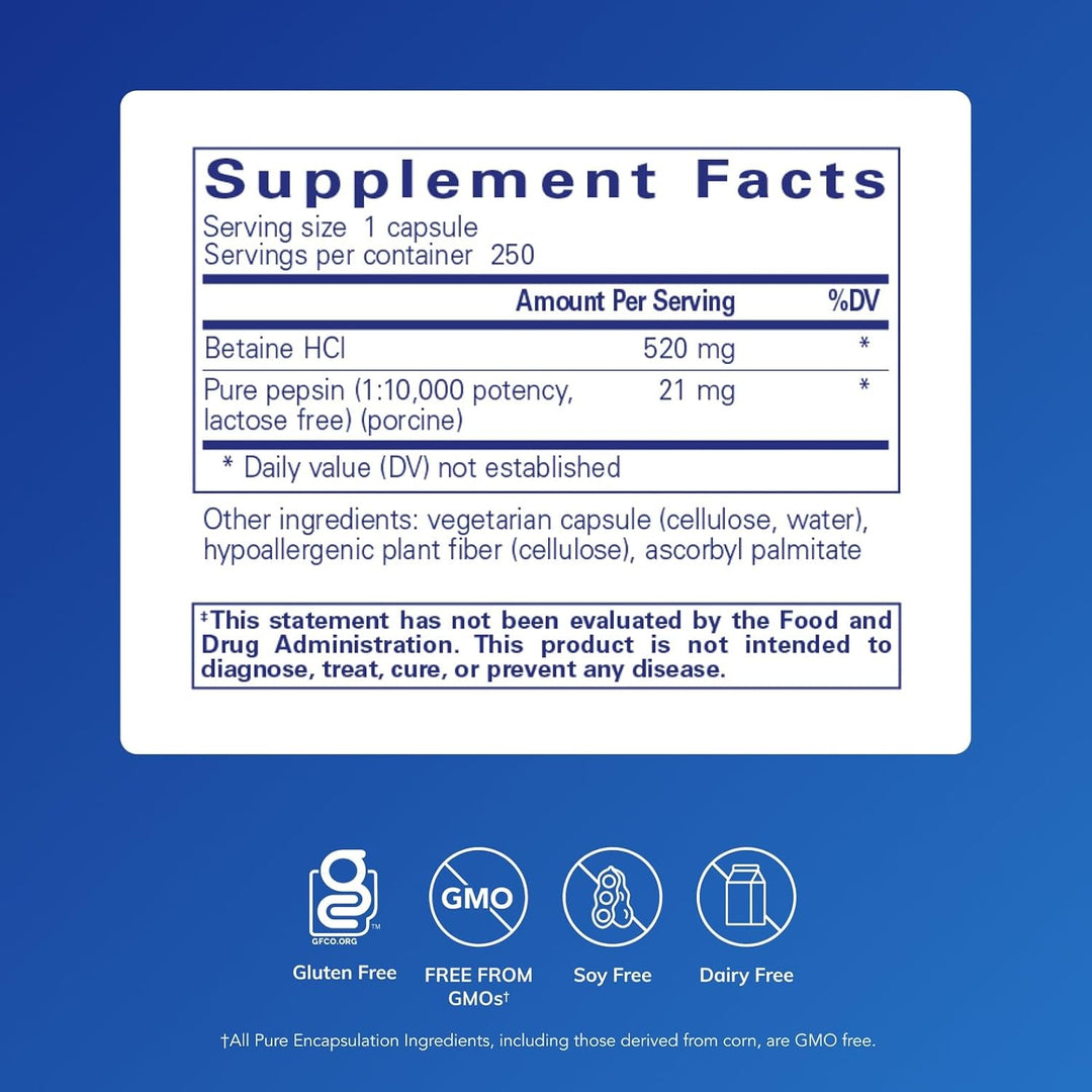 Pure Encapsulations Betaine HCl Pepsin Supports Digestive Health 250 Capsules