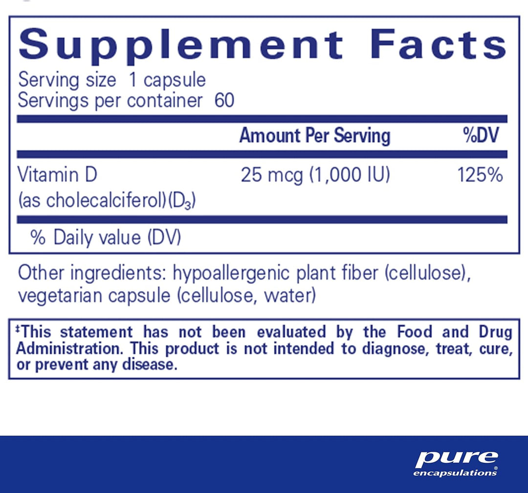 Pure Encapsulations Vitamin D3 1000 IU Bone Heart Immune Support 60 Capsules