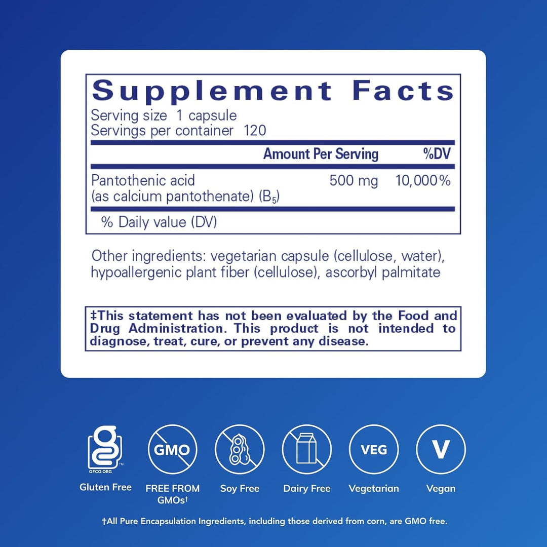 Pure Encapsulations Pantothenic Acid 500mg Energy Support Supplement 120 Caps