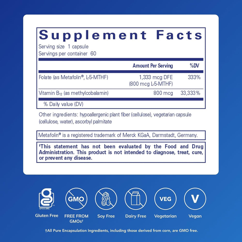 Pure Encapsulations B12 Folate Supports Energy and Nerve Function 60 Capsules.