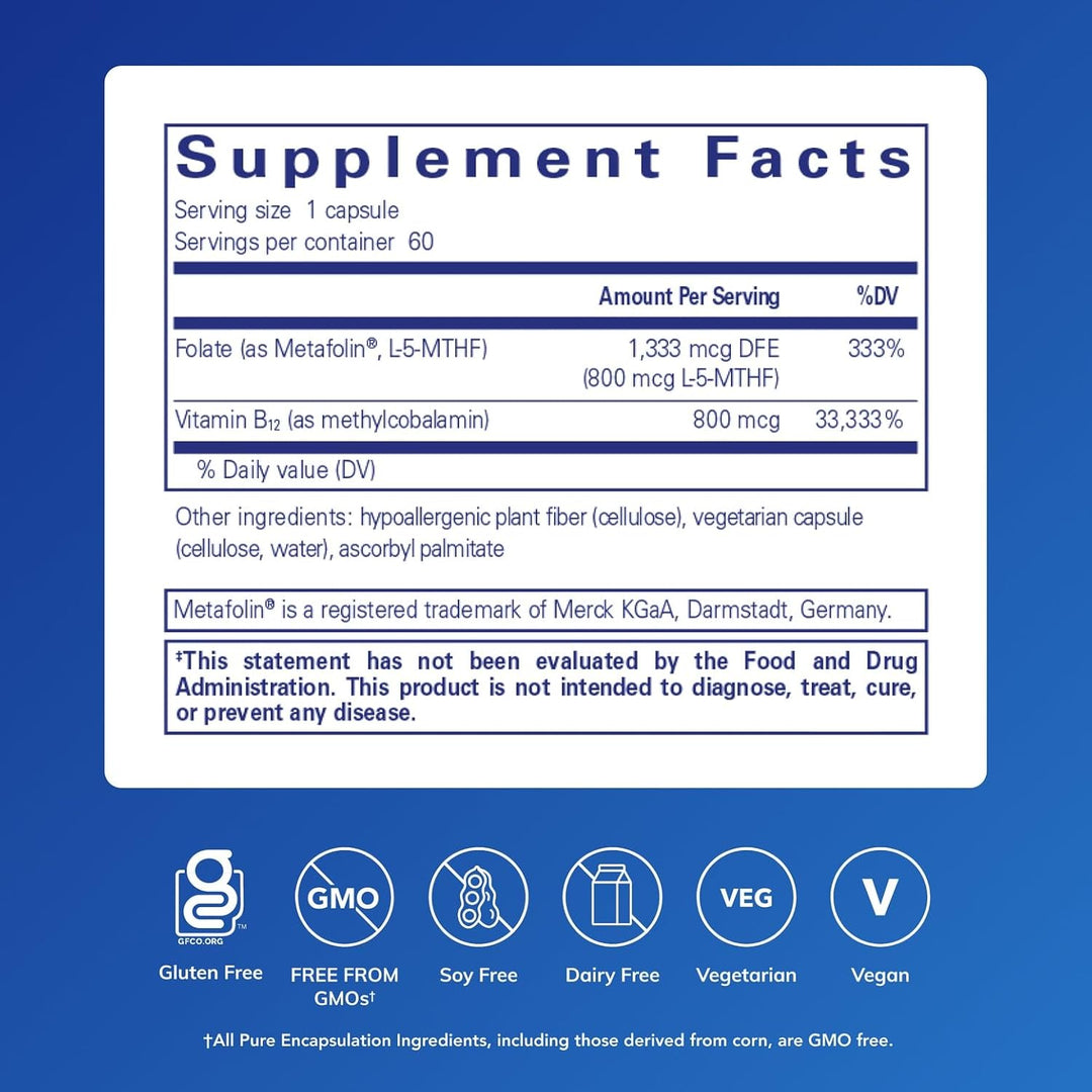 Pure Encapsulations B12 Folate Supports Energy and Nerve Function 60 Capsules.