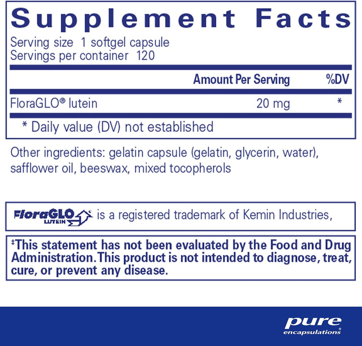 Pure Encapsulations Lutein 20 mg For Eye Vision Antioxidant Support 120 Capsules